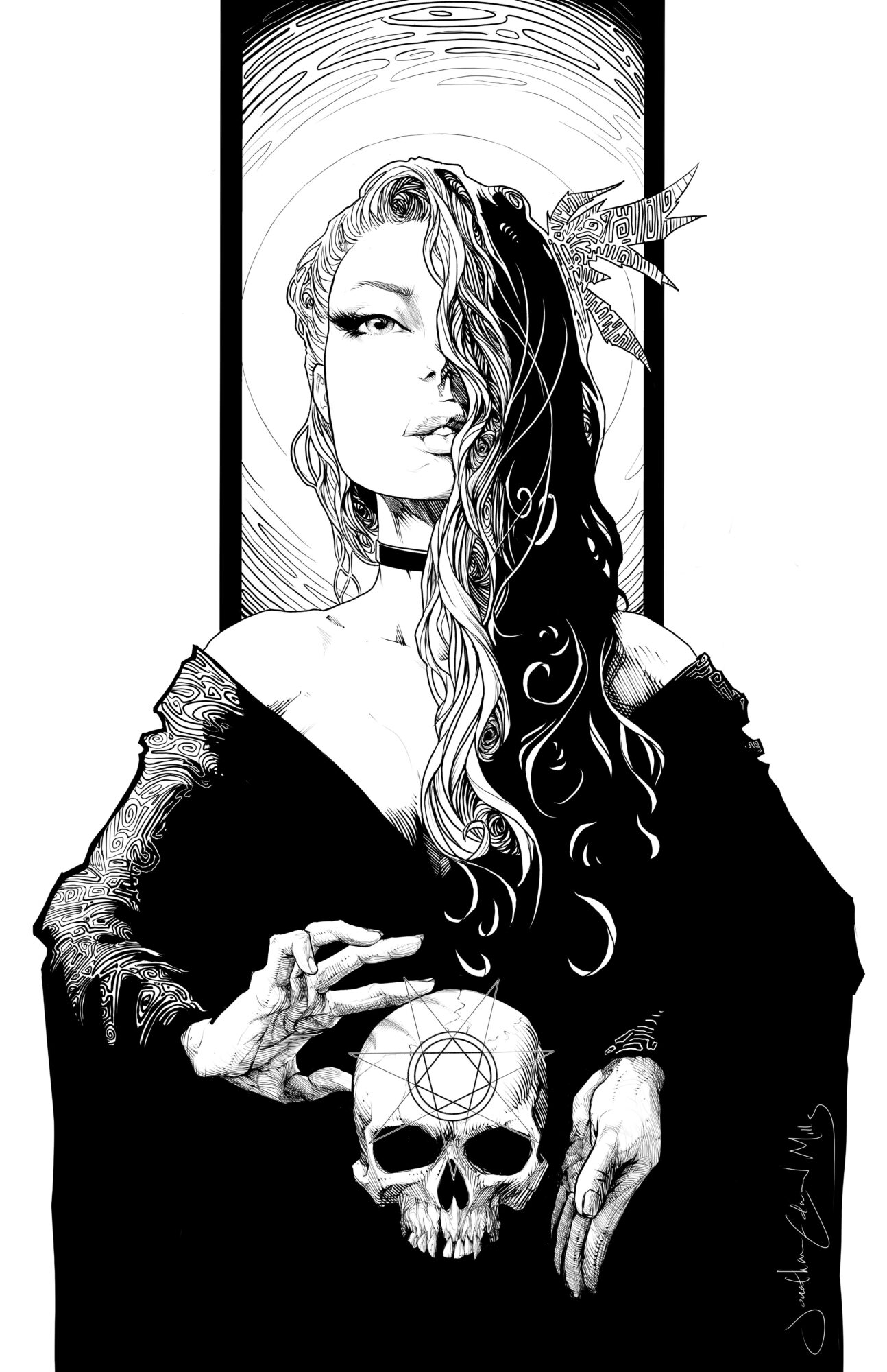 Black and white illustration of a woman with long, wavy hair holding a skull with a pentagram, standing in front of a window.