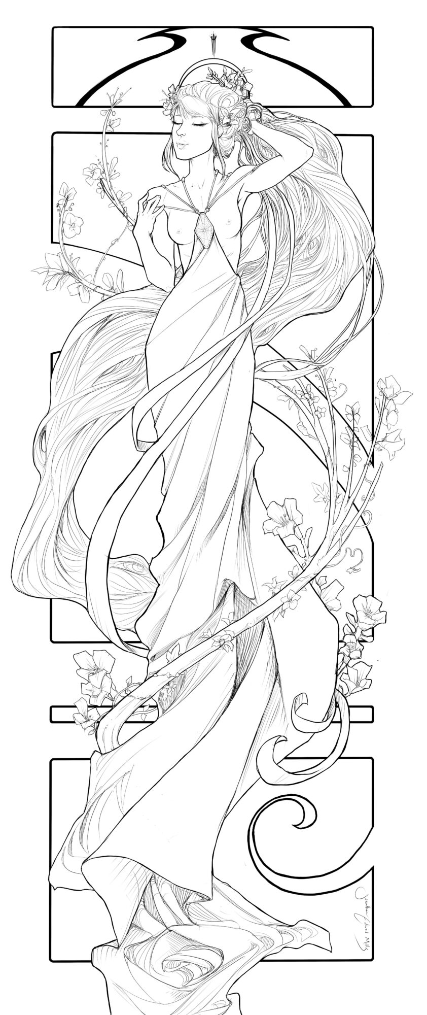 Line drawing of a woman in flowing robes holding a fan, with long hair and decorative elements around her.
