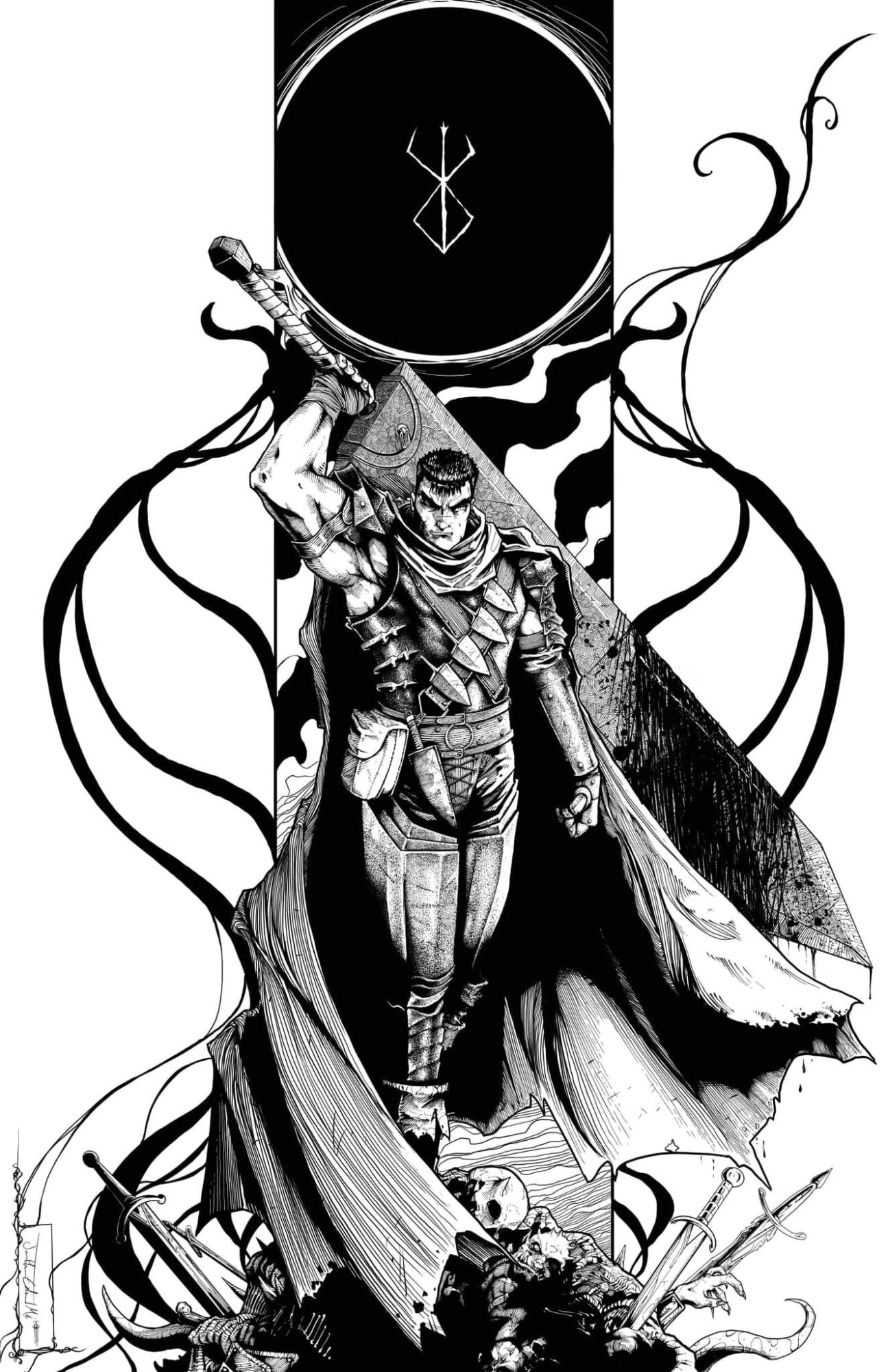 A figure in a long coat and hat stands holding a large sword, with swirling black lines and a dark circle above.