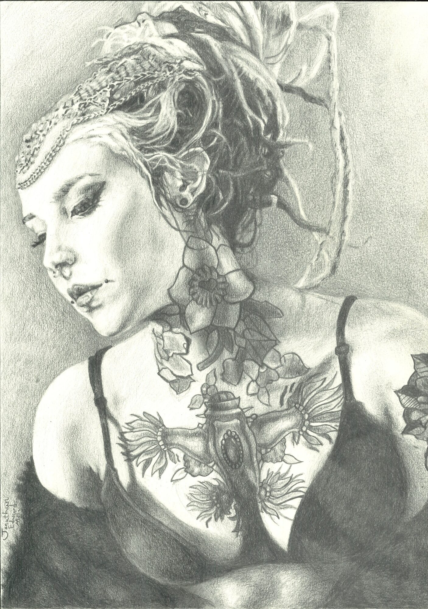 Black and white drawing of a woman with detailed hair, tattoos on her chest, and wearing a dark top.