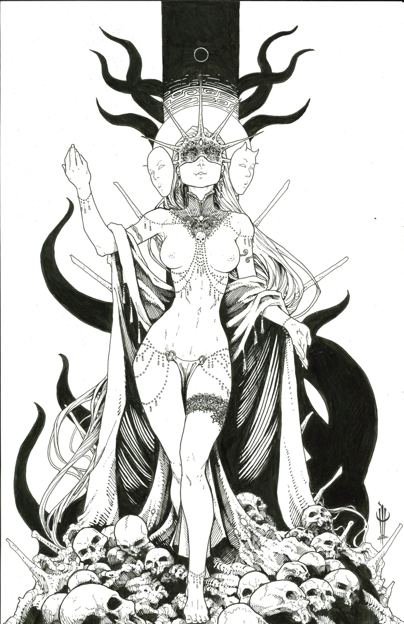 A black and white illustration of a female figure with a crown, surrounded by skulls and dark, flowing elements.