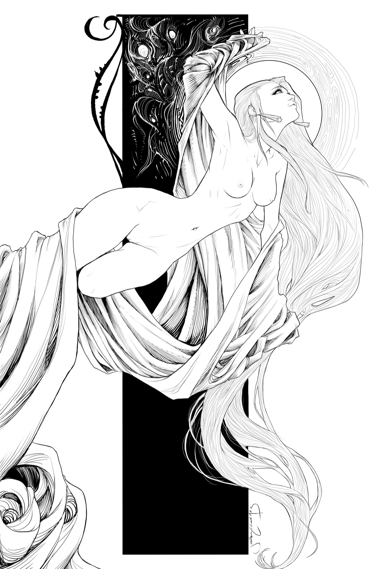 A line drawing of a woman with long flowing hair, lying on a draped cloth, with a dark rectangular background element.