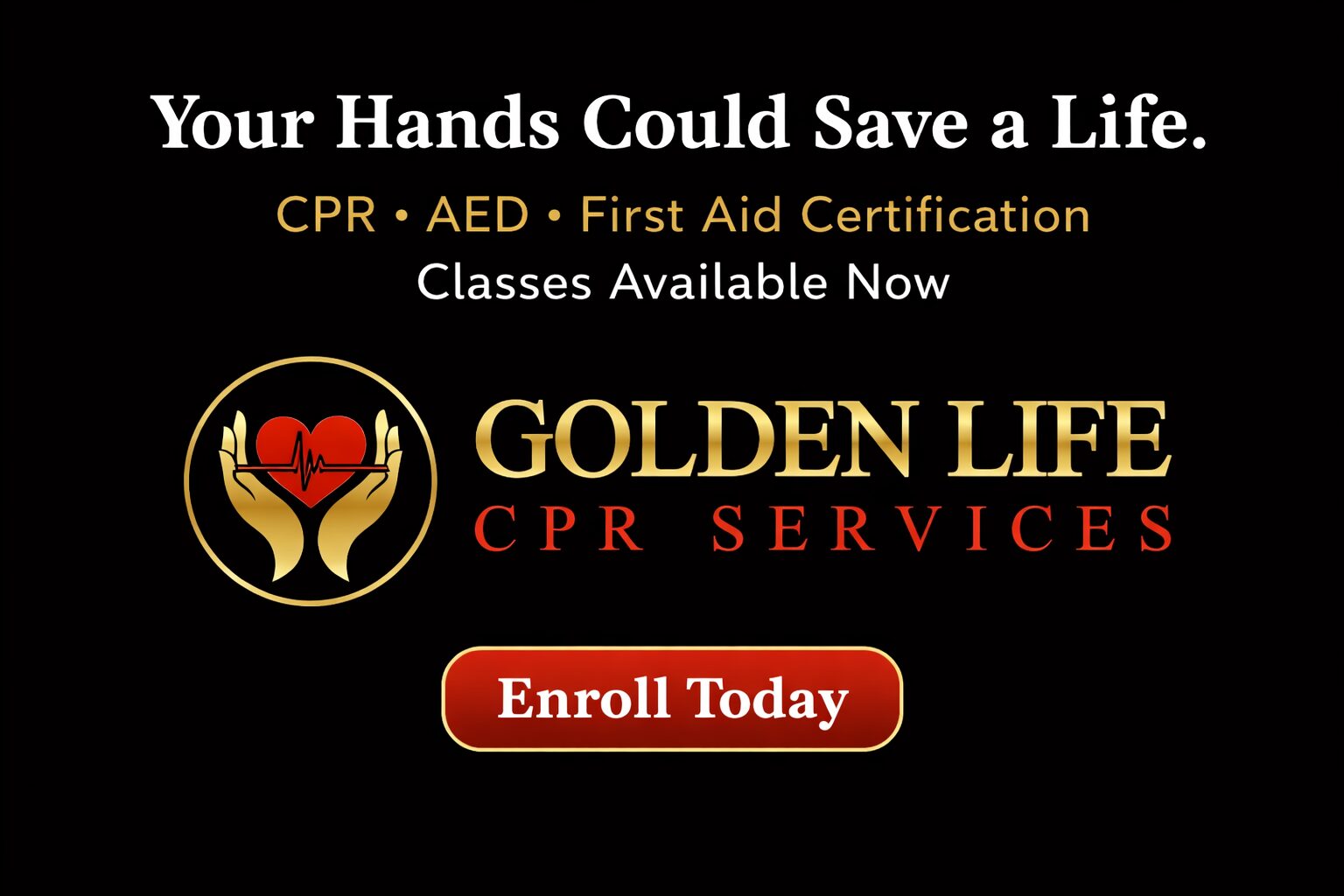 Advertisement for Golden Life CPR services with a logo of hands holding a heart, and a red enroll button.
