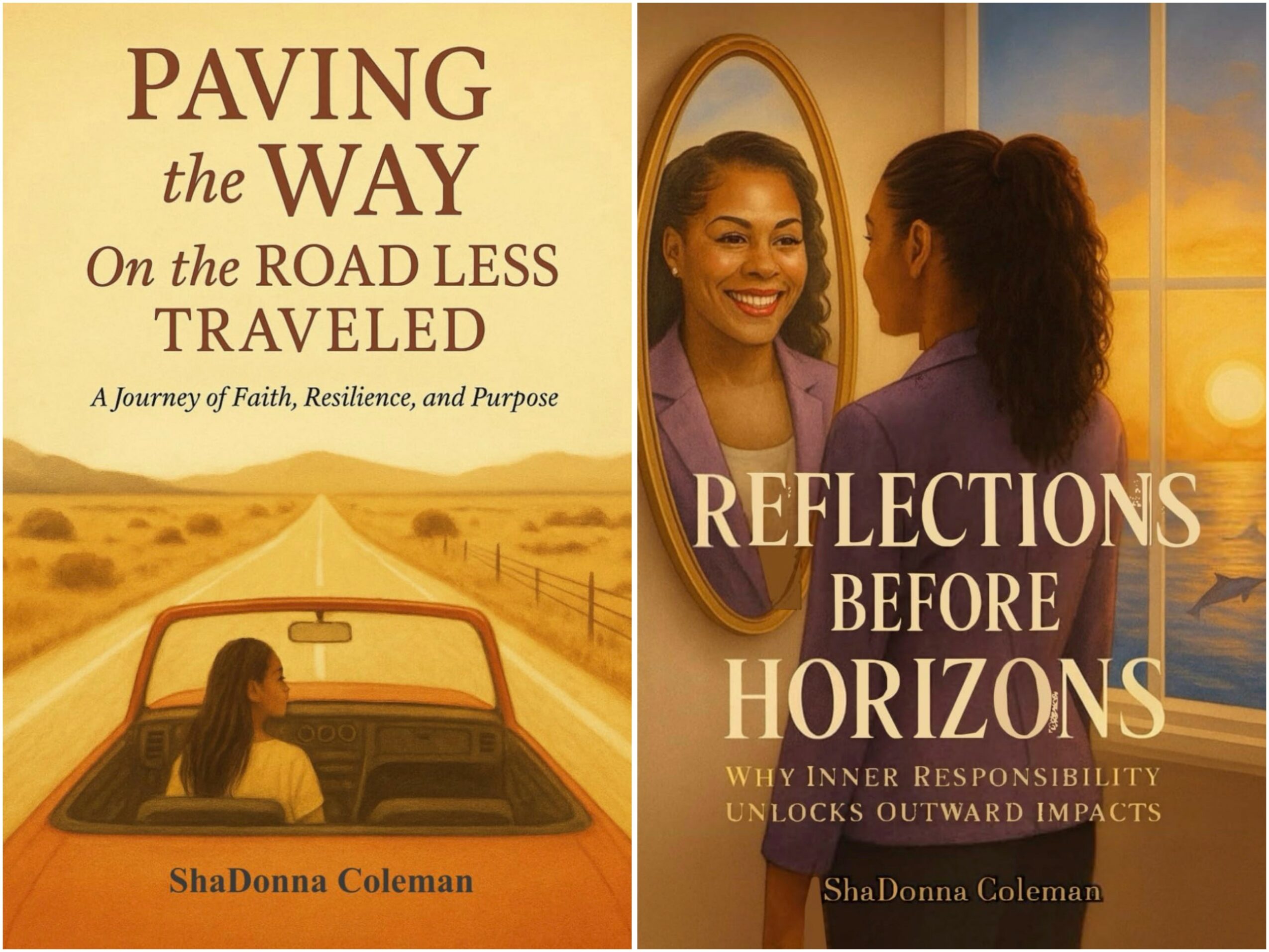Two book covers, one with a woman driving on a road, the other with two women looking at a mirror, both by ShaDonna Coleman.