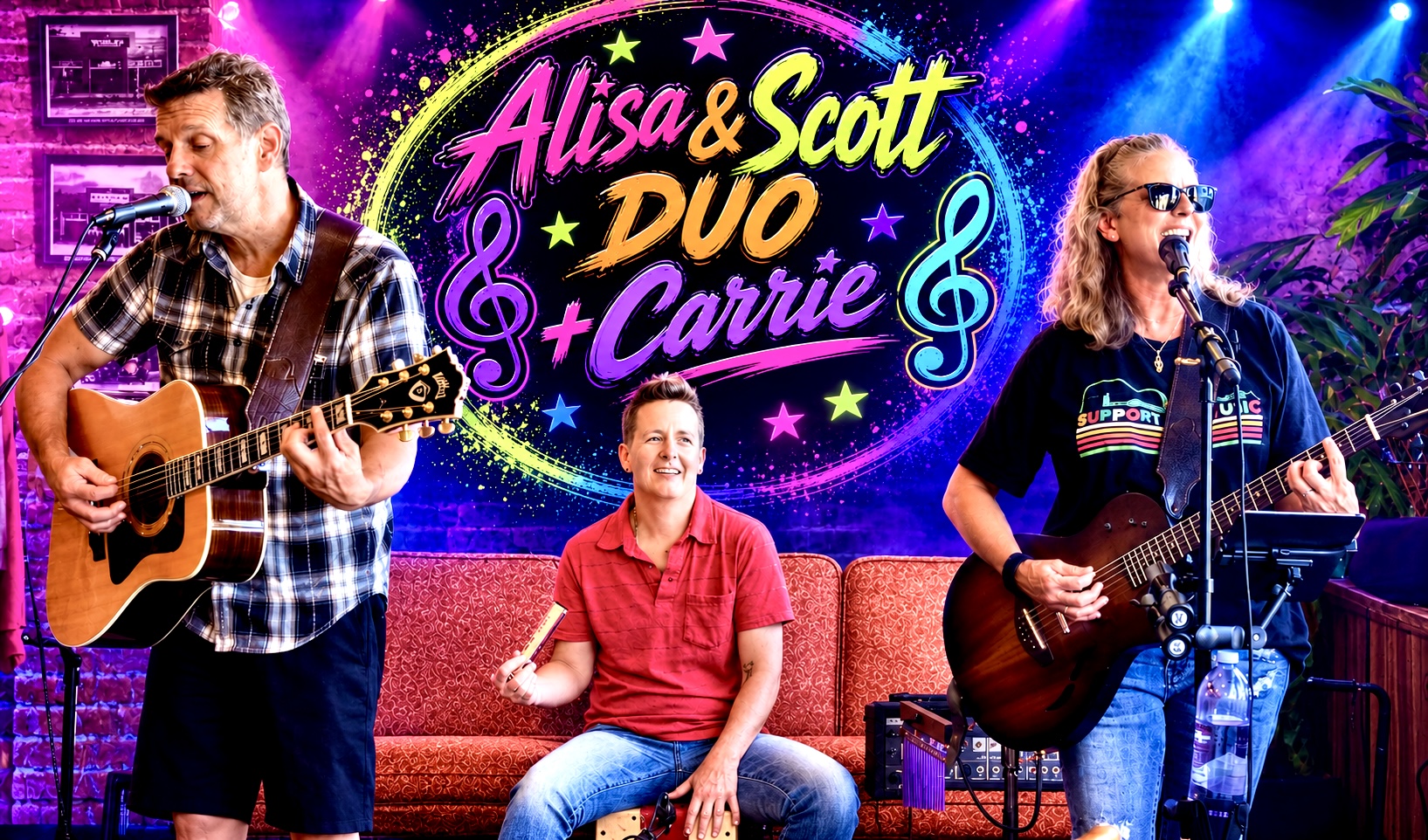 Three people perform on stage with a colorful sign reading 'Alisa & Scott DUO + Carrie' behind them.