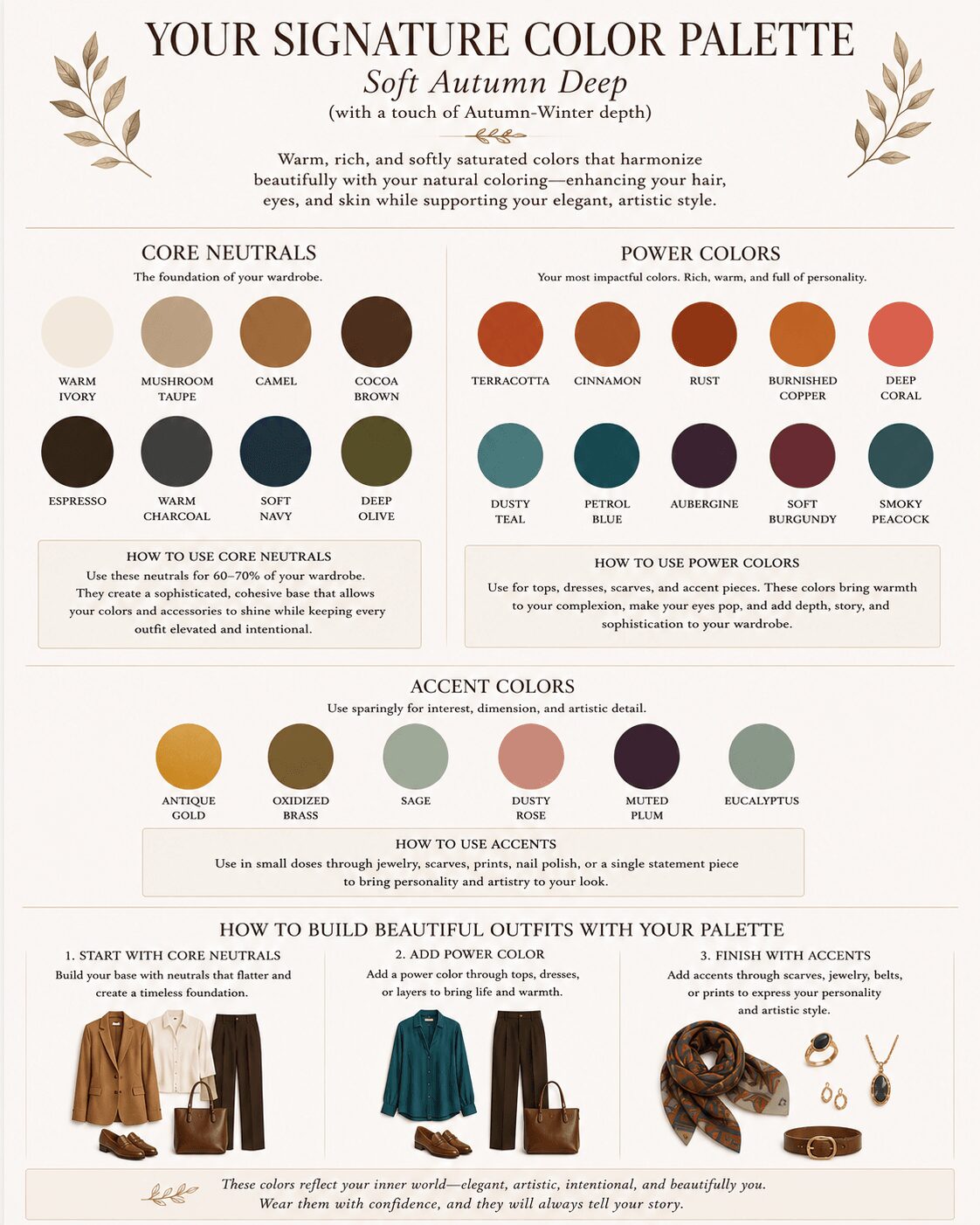 Color palette chart with signature colors, neutrals, power colors, accents, and outfit examples, including clothing and accessories, on a white background.