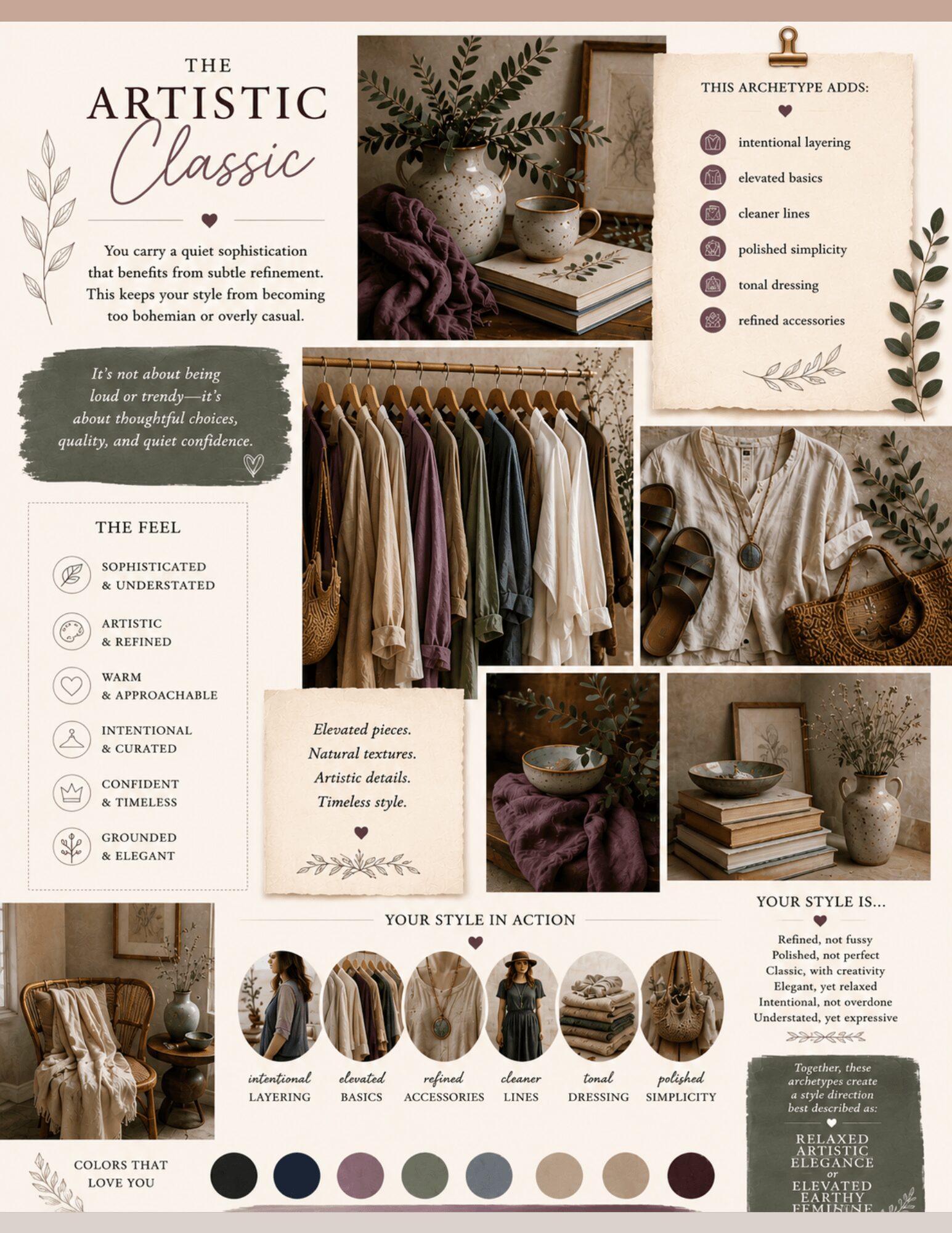 Collage of interior design elements including a plant, books, clothing rack, fabric swatches, and decorative items, with text about style and color options.