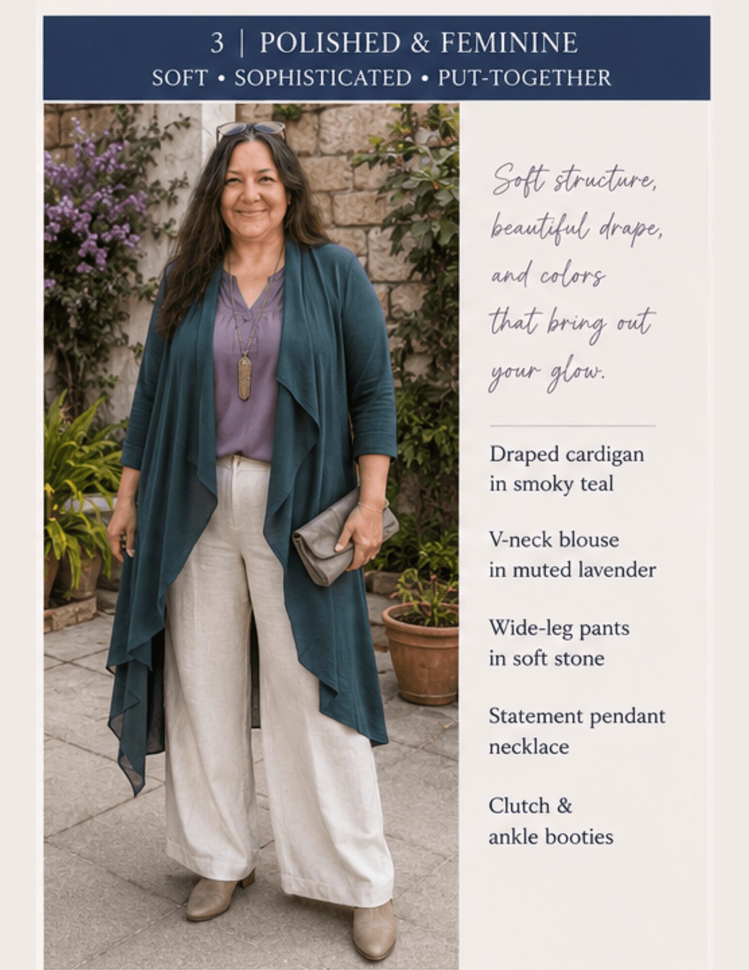 Woman in teal cardigan and wide-leg pants standing outdoors with plants, holding a clutch, smiling.