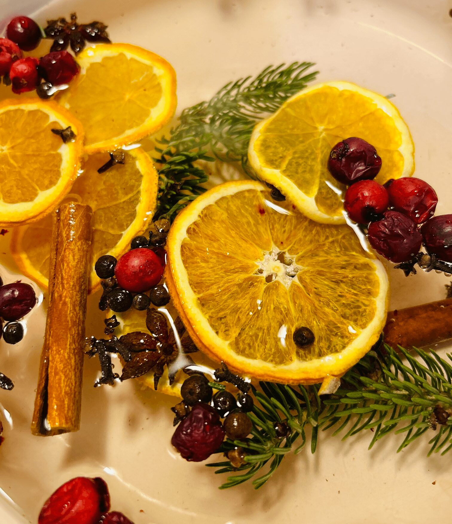 Close-up of dried orange slices, cinnamon sticks, berries, and pine branches on a white surface.