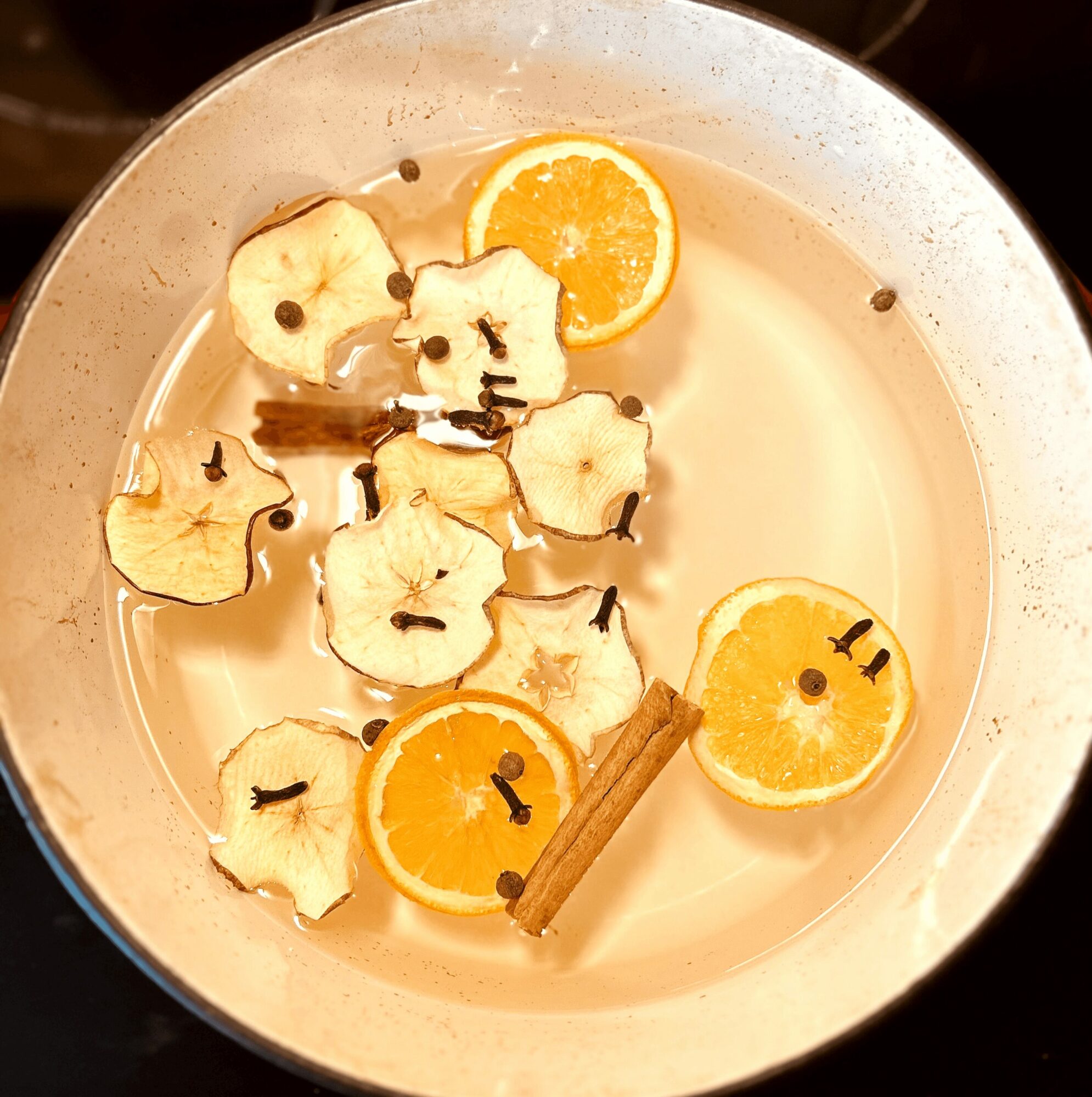 A bowl with sliced bananas, orange slices, a cinnamon stick, and small black seeds in liquid.