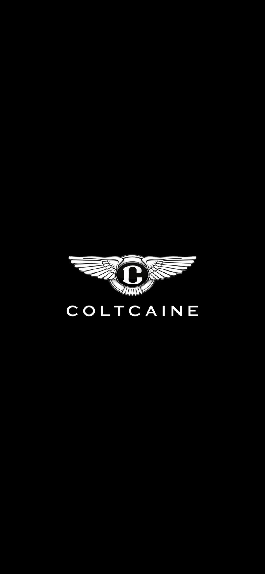 Black background with a white logo of wings, a circle with a 'C', and the word 'COLTCAINE' below.