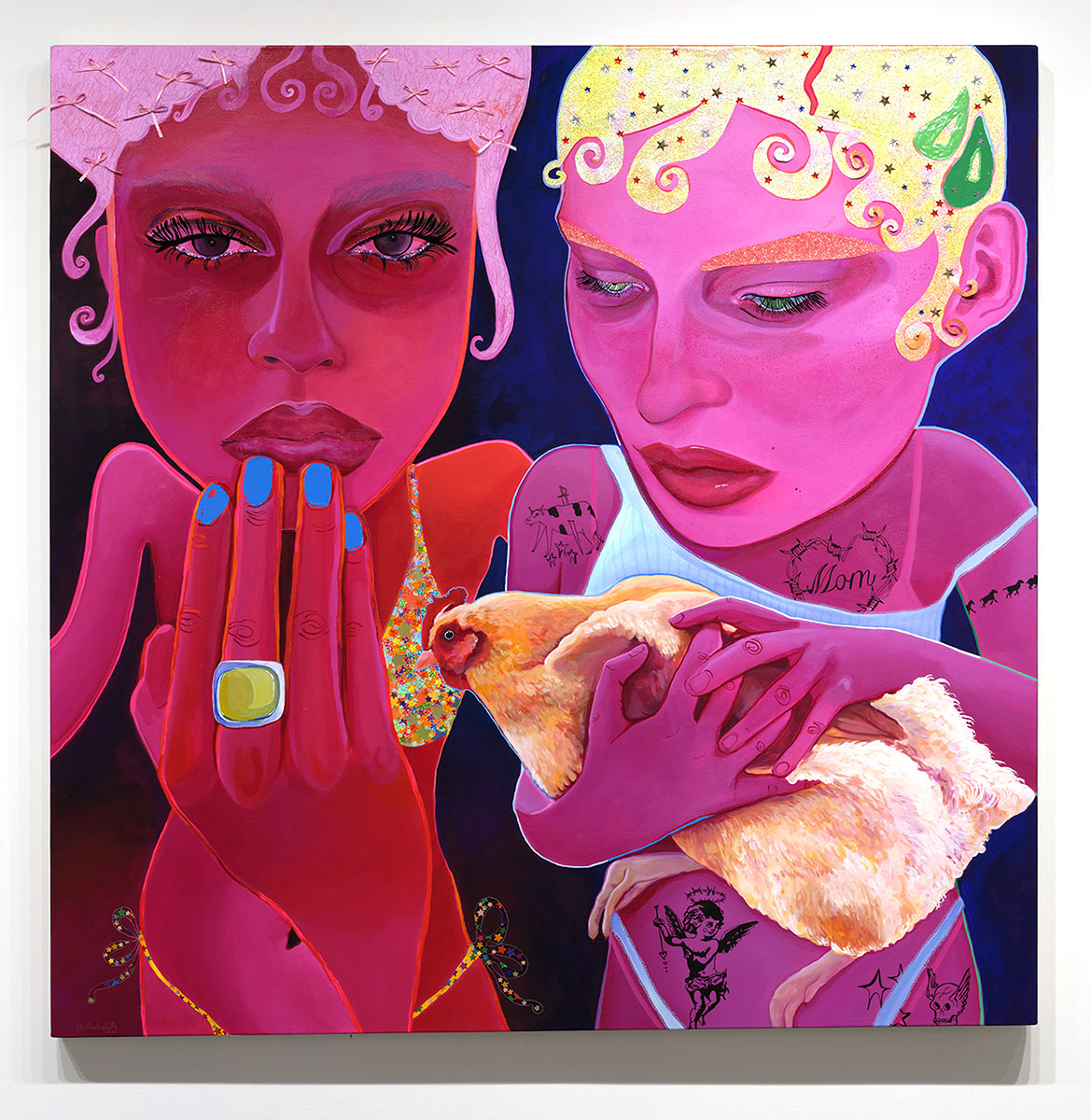 Two stylized women with exaggerated features hold a duck, with vibrant colors and decorative elements in the background.