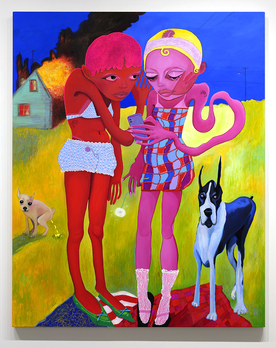 Two children, one with red skin and the other with pink skin, look at a phone outdoors with a dog nearby, colorful background.