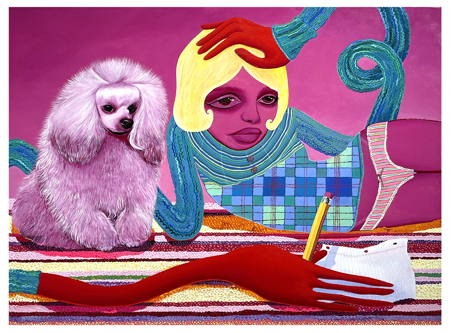 A surreal painting with a poodle, a person with a large face, and colorful abstract elements on a striped surface.