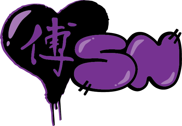 Purple heart-shaped balloon with stylized Chinese character and the letters 'SN' inside, on a black background.