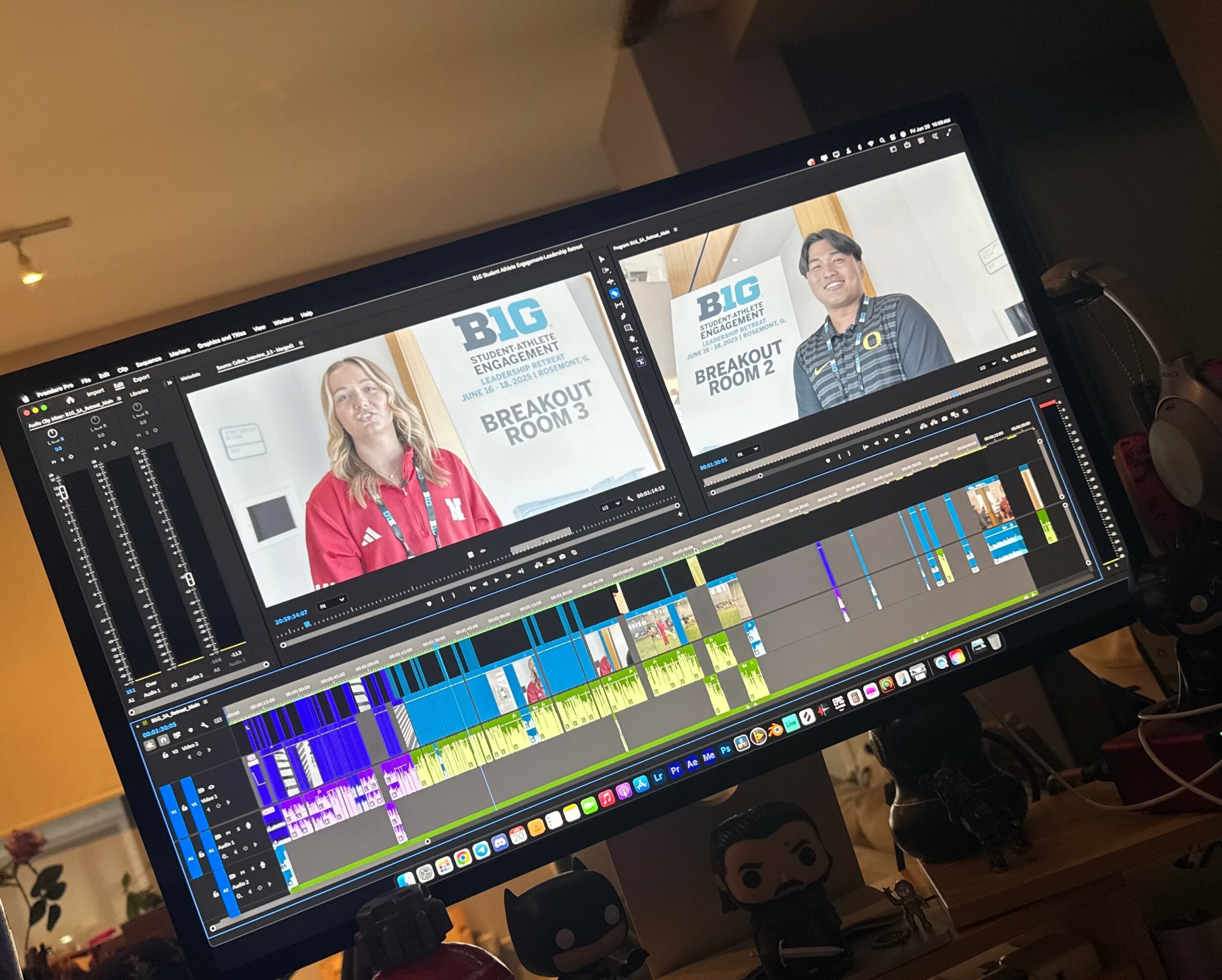 Computer monitor displaying video editing software with two video clips and a timeline of colorful clips.