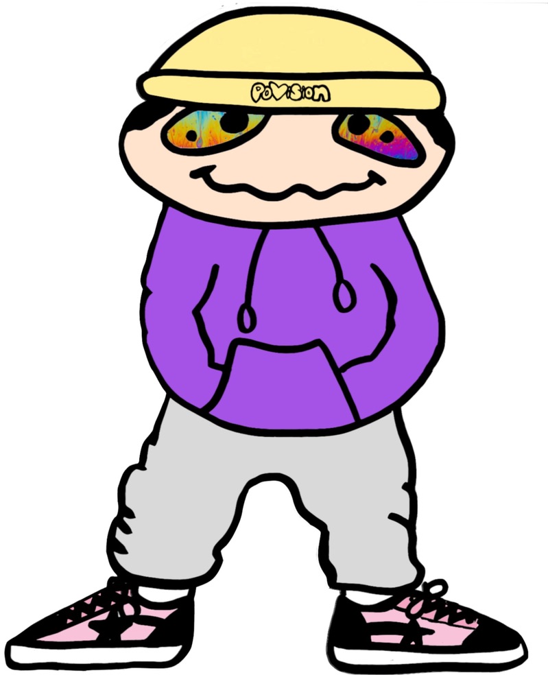 Cartoon character with a beige headband, purple hoodie, gray pants, and pink shoes, standing with hands in pockets.