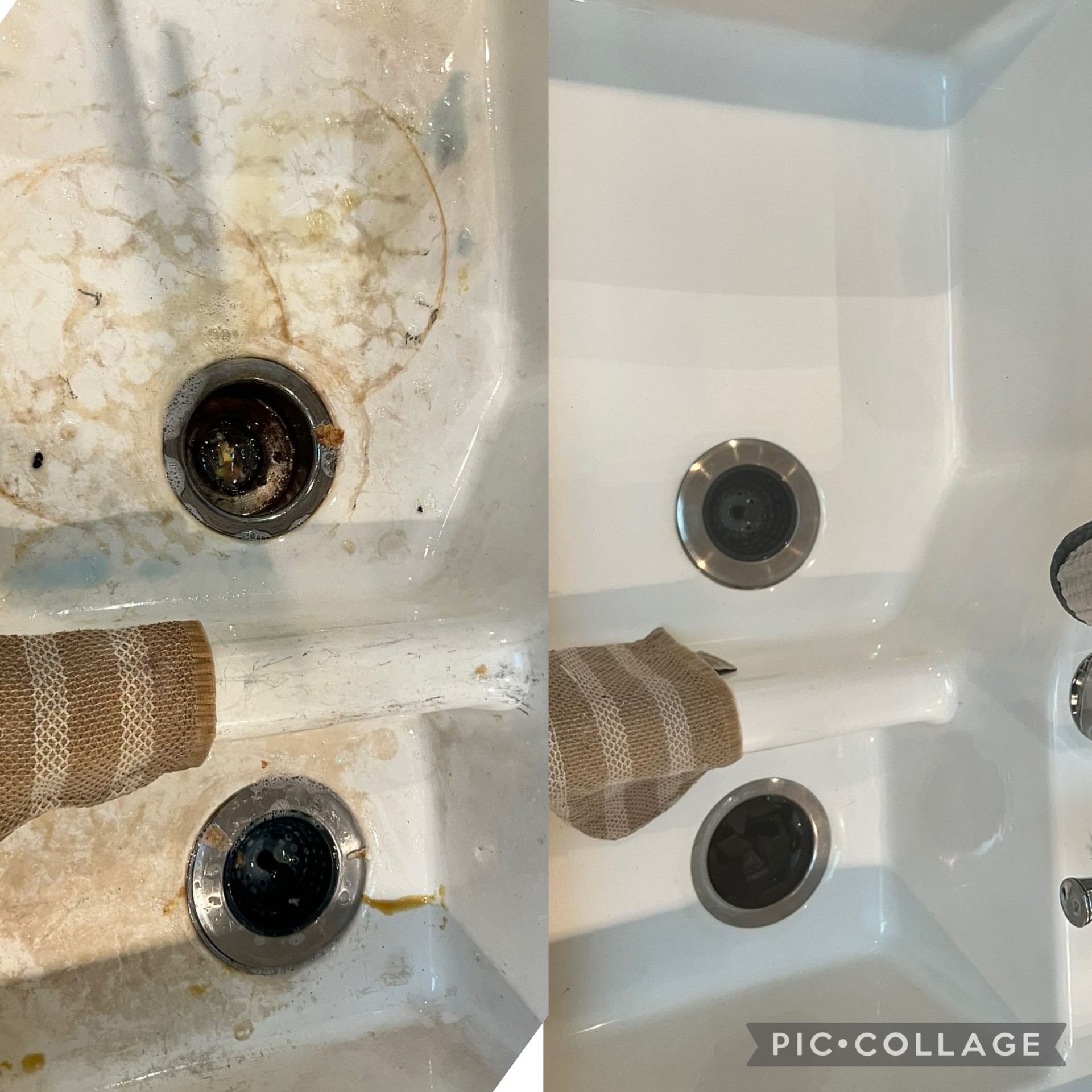 Side-by-side comparison of dirty and clean sink basins, showing before and after cleaning, with a towel in each basin.