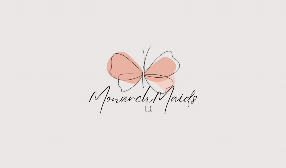 A butterfly with pink and peach wings and black outlines, with elegant cursive text reading Monarch Maids LLC.