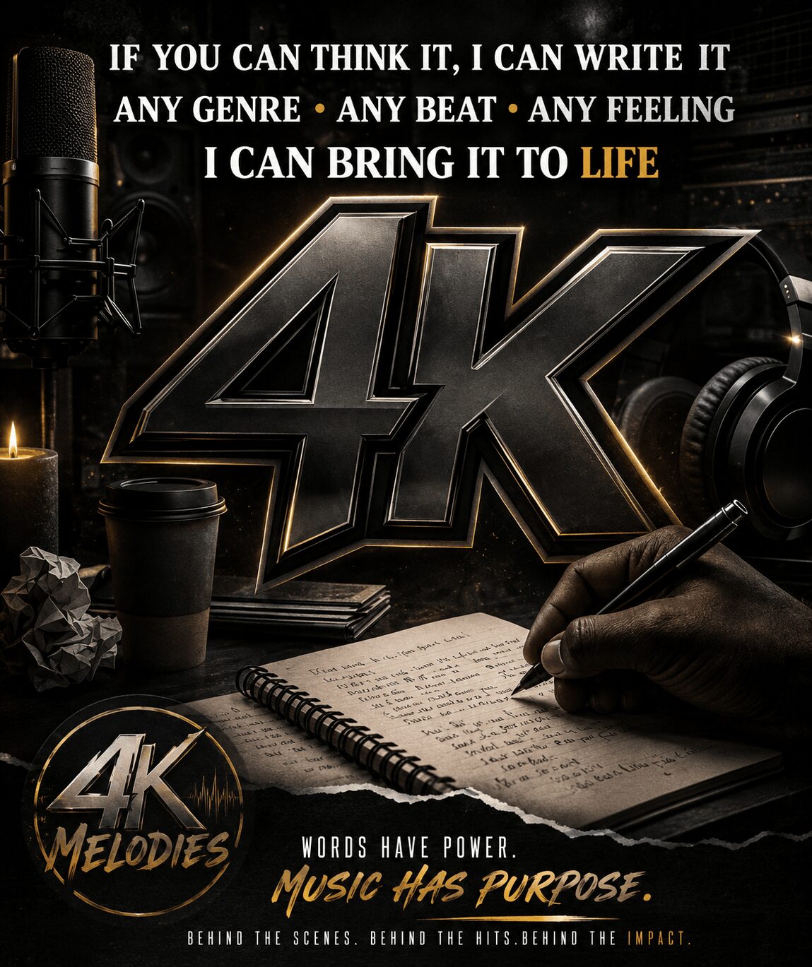 Motivational quote about writing and music, large 4K logo, notebook, pen, headphones, and coffee cup on dark background.