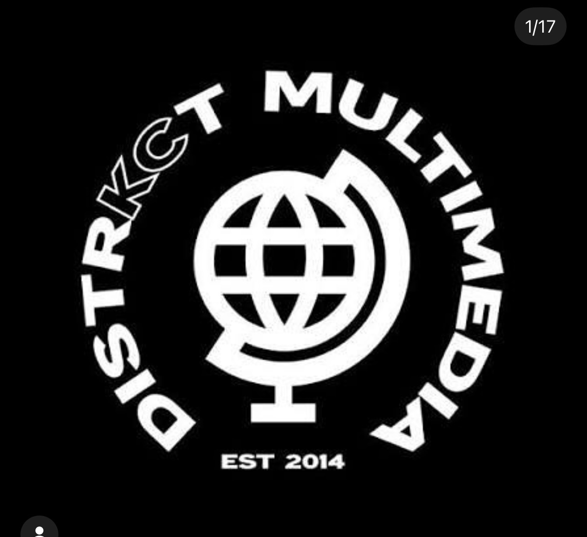 Logo with globe and text 'DISTRIKT MULTIMEDIA' and 'EST 2014' on black background.