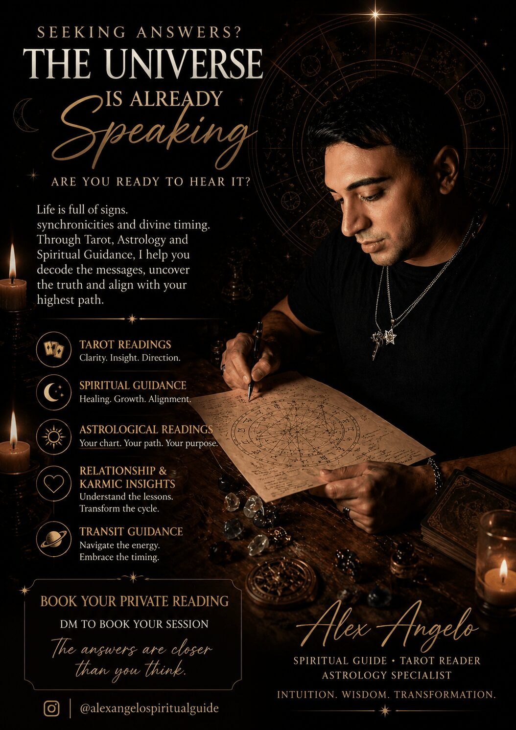 Man reading a book with candles around him, dark background, text about universe and spiritual guidance, 20 words, alt_text_word_count: 20, confidence: 0.9