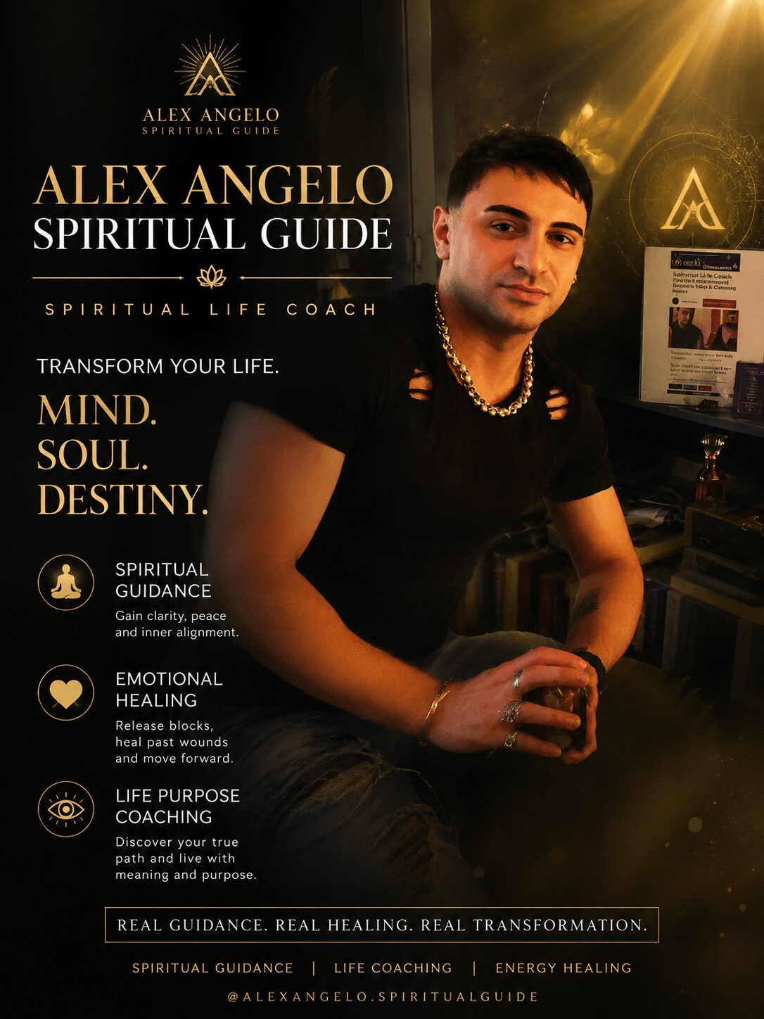 Man with short dark hair and black shirt sitting at a table with a dark background and gold lighting, promotional poster behind him.
