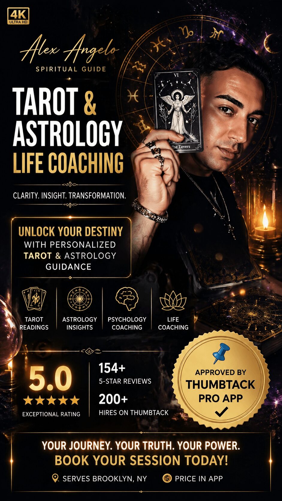 Book cover featuring a woman holding a tarot card, zodiac symbols, and text about tarot, astrology, and coaching.