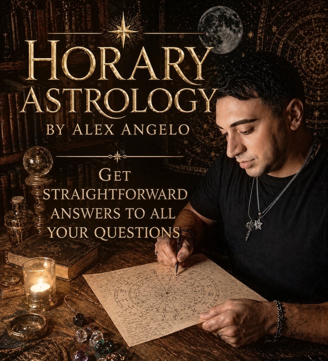 Man reading astrology chart with candles and celestial images in background, promoting horary astrology by Alex Angelo.