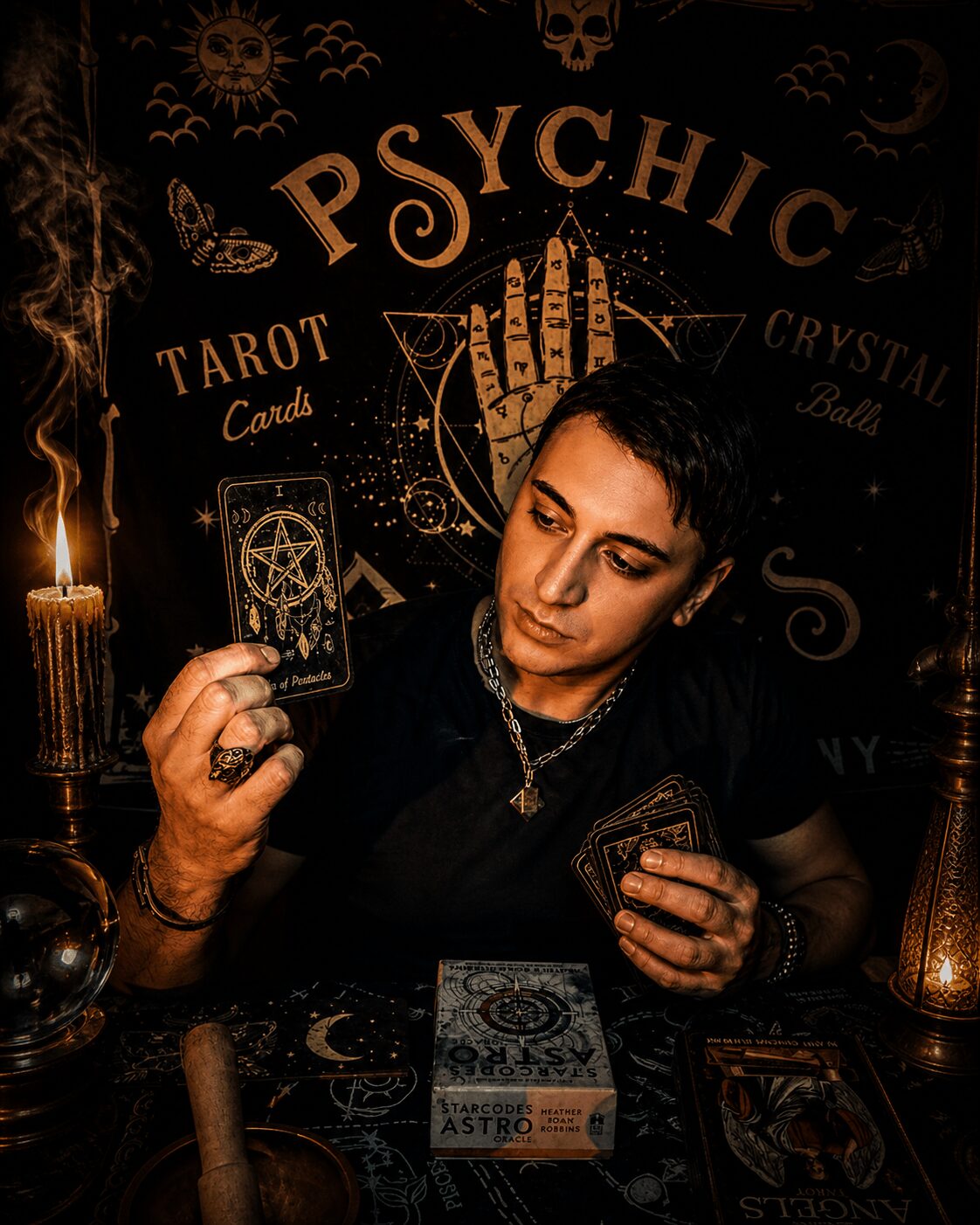 Person holding tarot cards, surrounded by mystical symbols and candles, with
