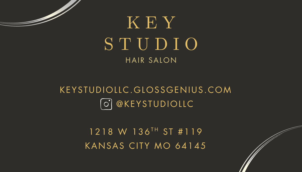Business card for Key Studio Hair Salon with contact info and address, black background, gold text, decorative lines.