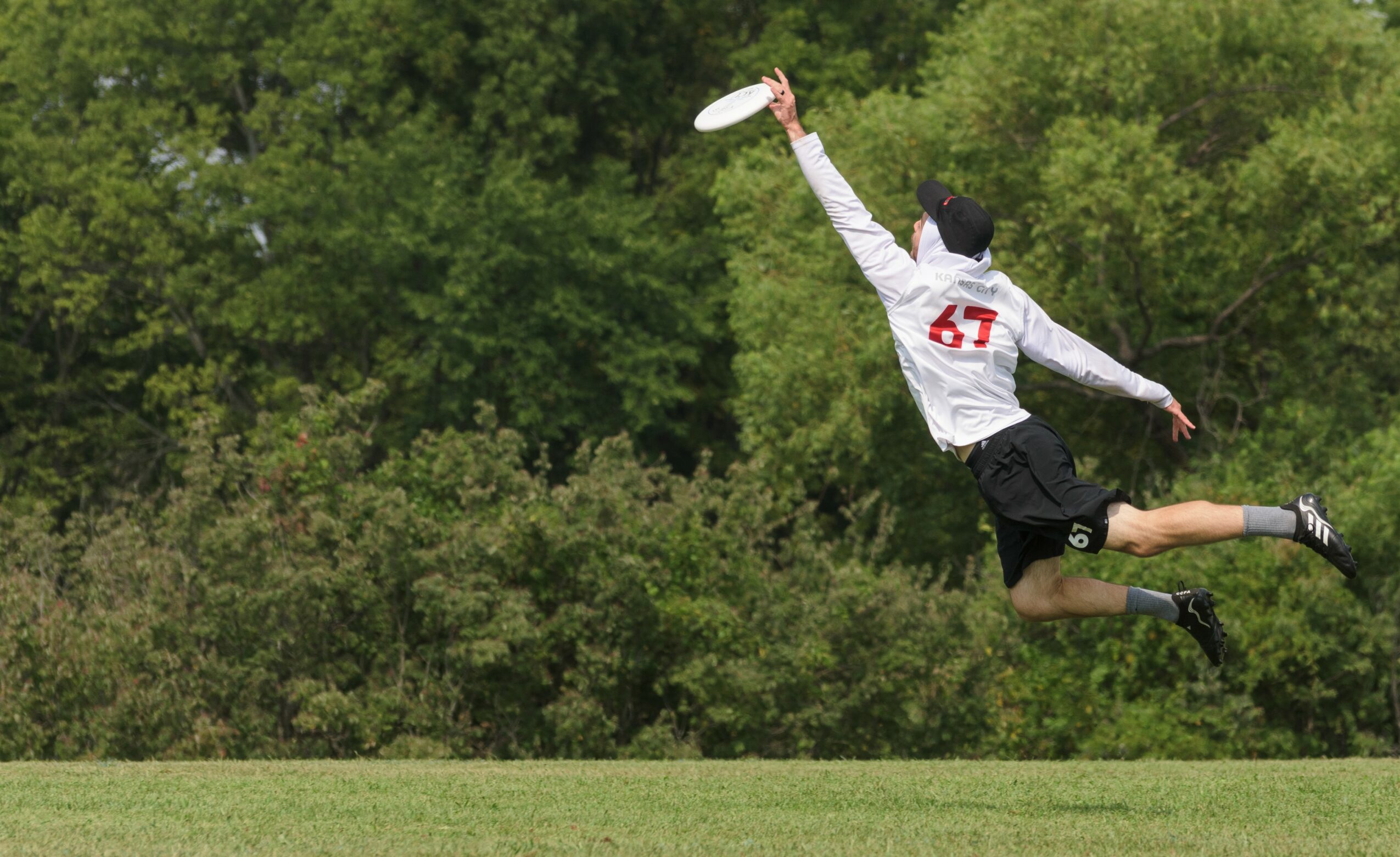 Person in a white shirt and black shorts jumping to catch a frisbee outdoors with trees in the background.