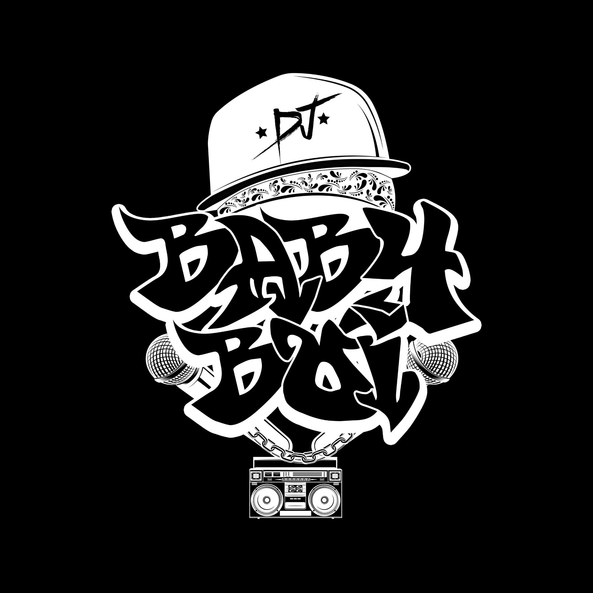 Stylized text with a hat, microphones, and a boombox, all in black and white, with a black background.