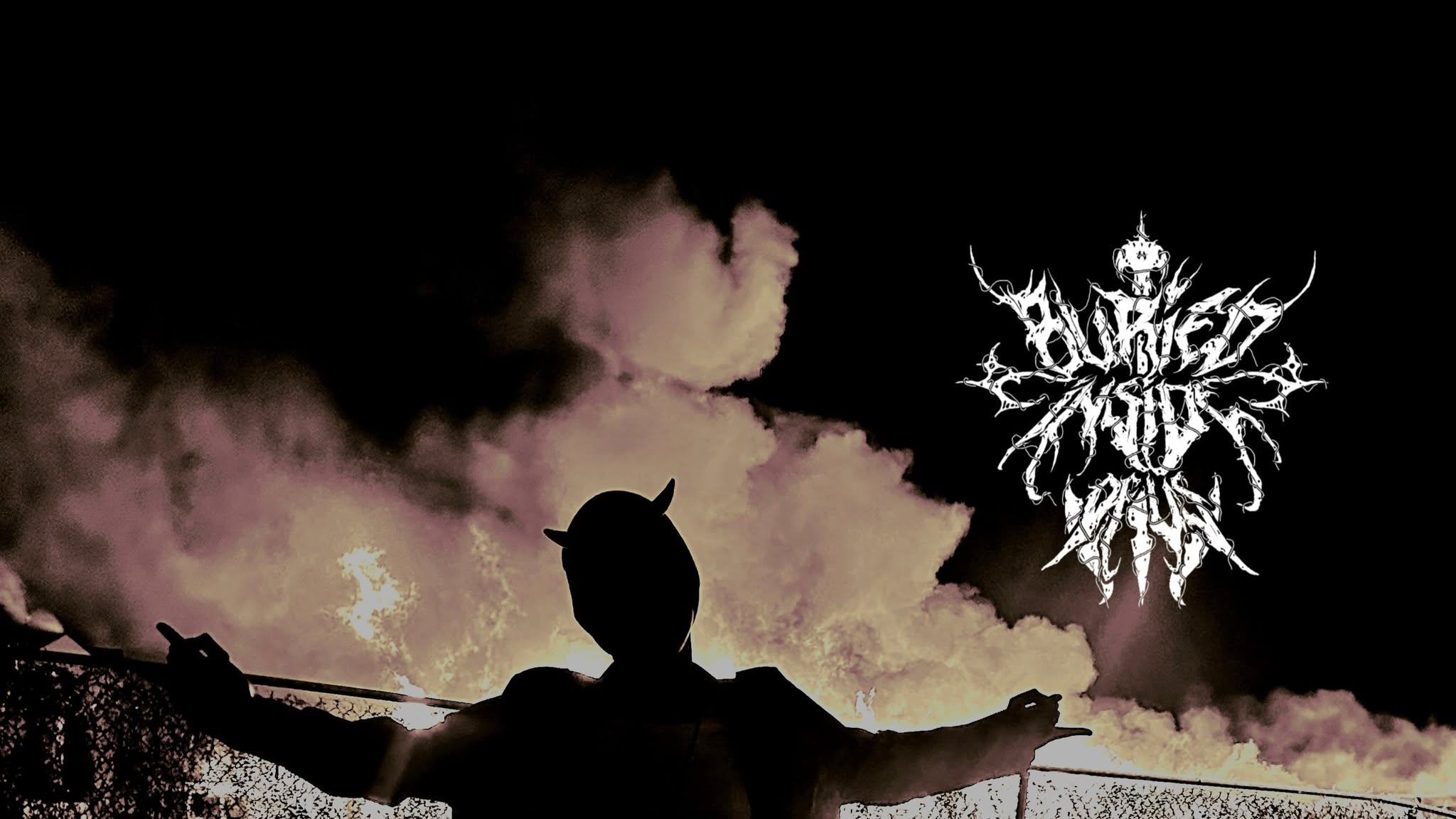 Silhouette of a person with arms outstretched, dark sky with clouds, and a bright, intricate logo or symbol above.