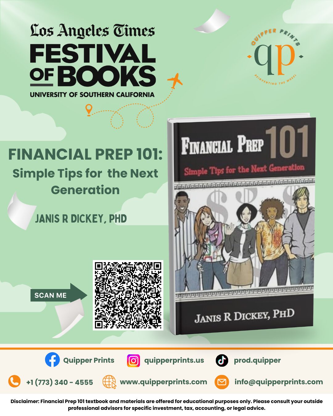 Book cover titled 'Financial Prep 101' with four diverse young people, author Janis R. Dickey, PhD, and a QR code.