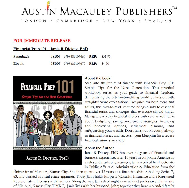 Book cover with title 'Financial Prep 101' and illustrations of diverse people, including children, in front of a white background.