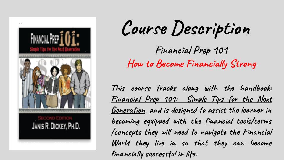 Course description page for Financial Prep 101 with text and a small illustration of people, 20 words.