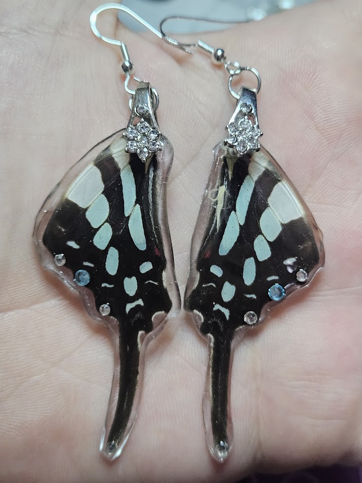 Butterfly-shaped earrings with black, white, and blue patterns, held in a person's hand.