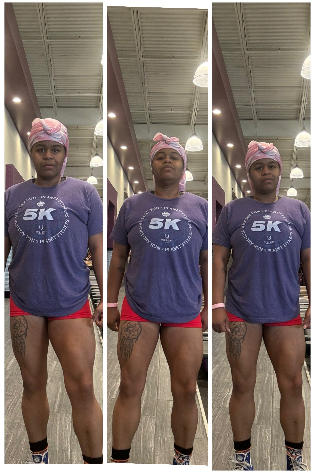 Person wearing a pink headscarf, blue 5K shirt, red shorts, standing in an indoor space with ceiling lights.