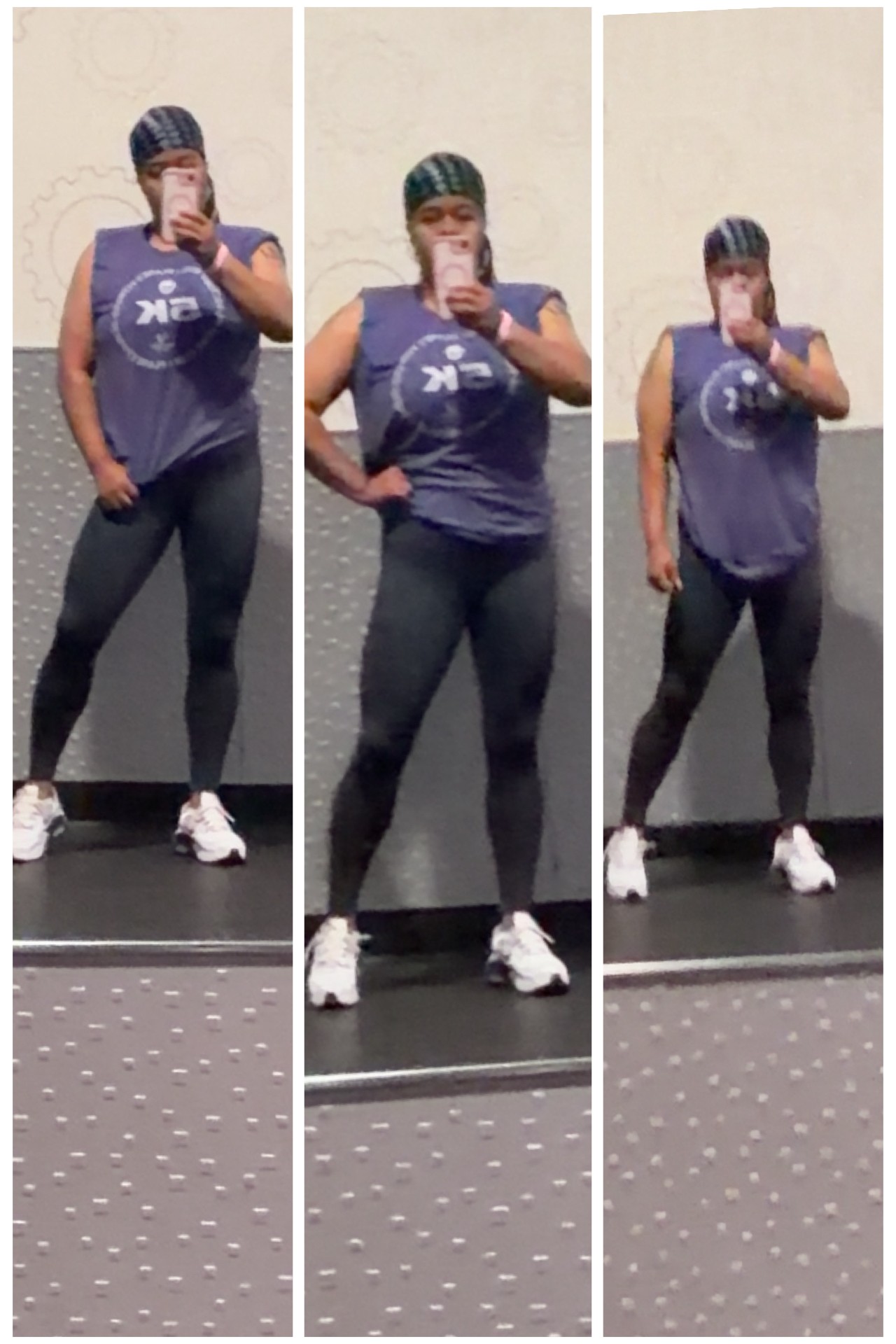 Person taking mirror selfies in workout clothes, standing on a gym floor, with a plain background.
