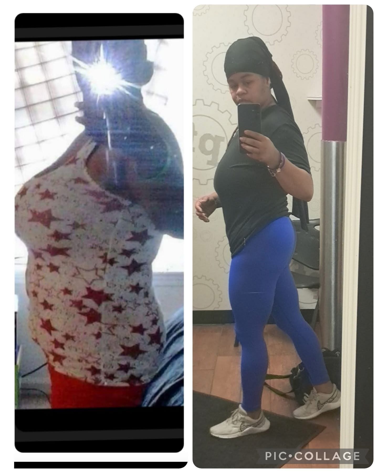 Side view of a woman taking a mirror selfie, wearing a black top and blue leggings, in a room with a mirror and stairs.