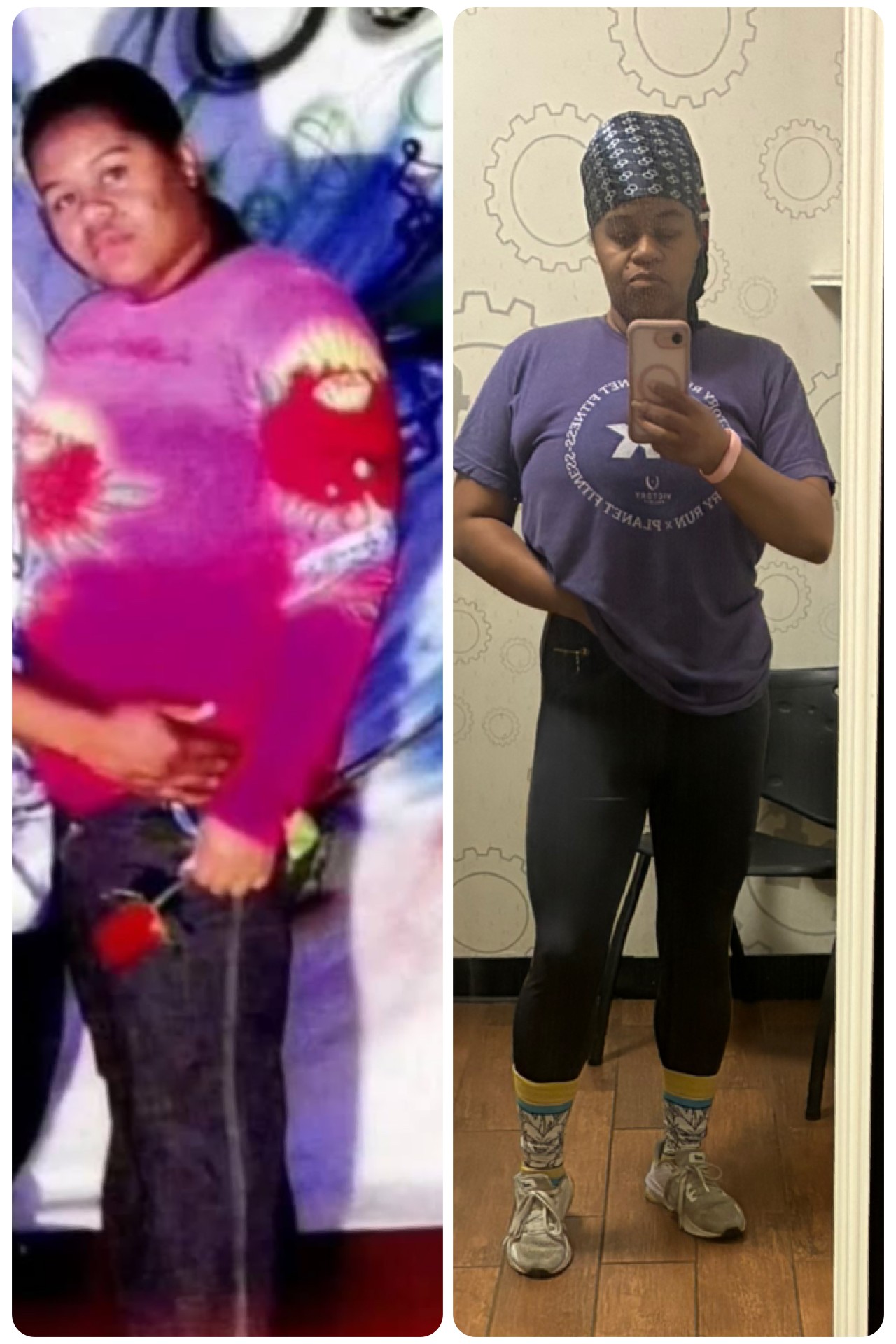 Side-by-side comparison of a person before and after weight loss, taking mirror selfies in different outfits.