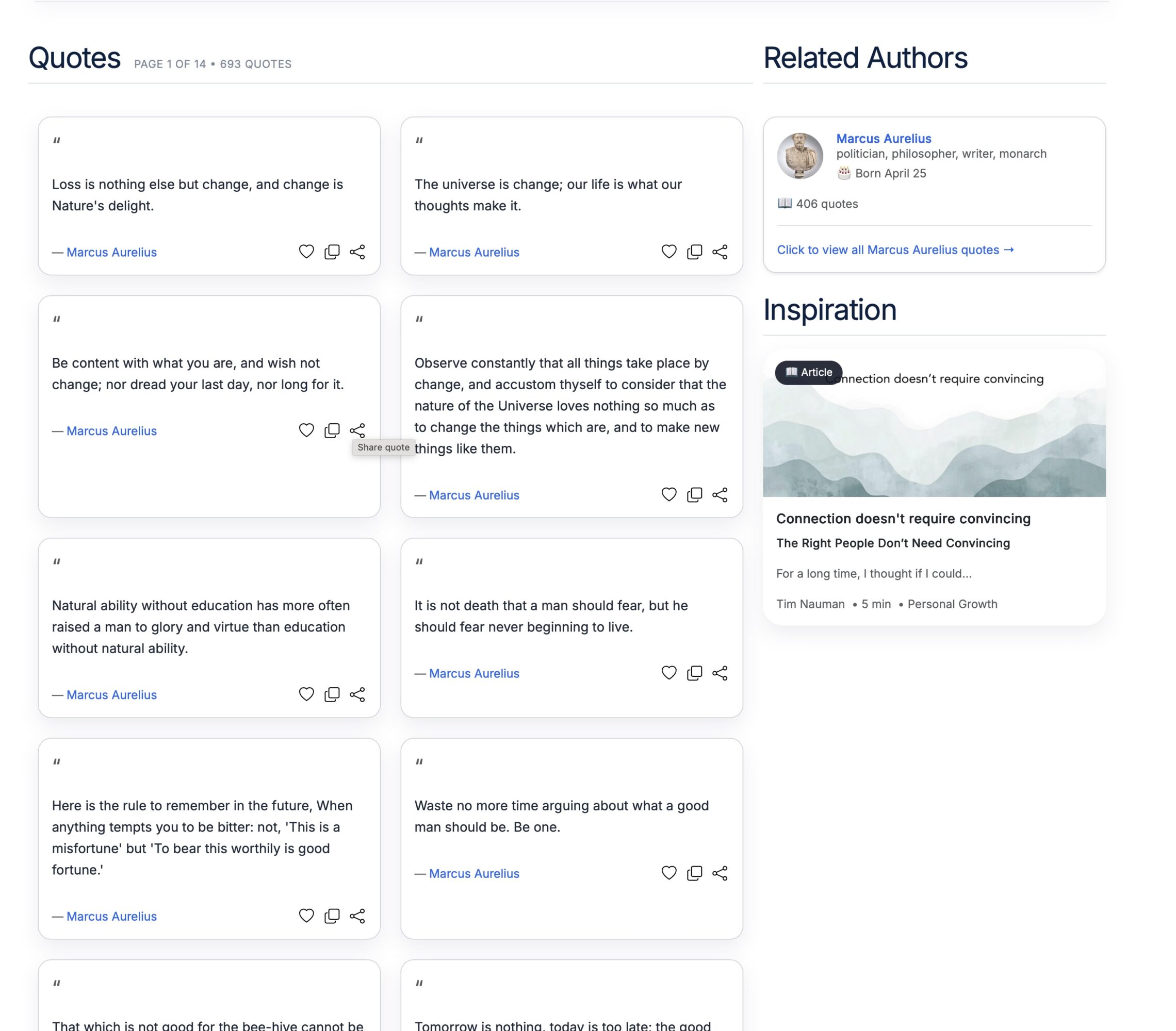 Screenshot of a webpage with quotes, related authors, and inspiration sections, featuring text and small profile images.