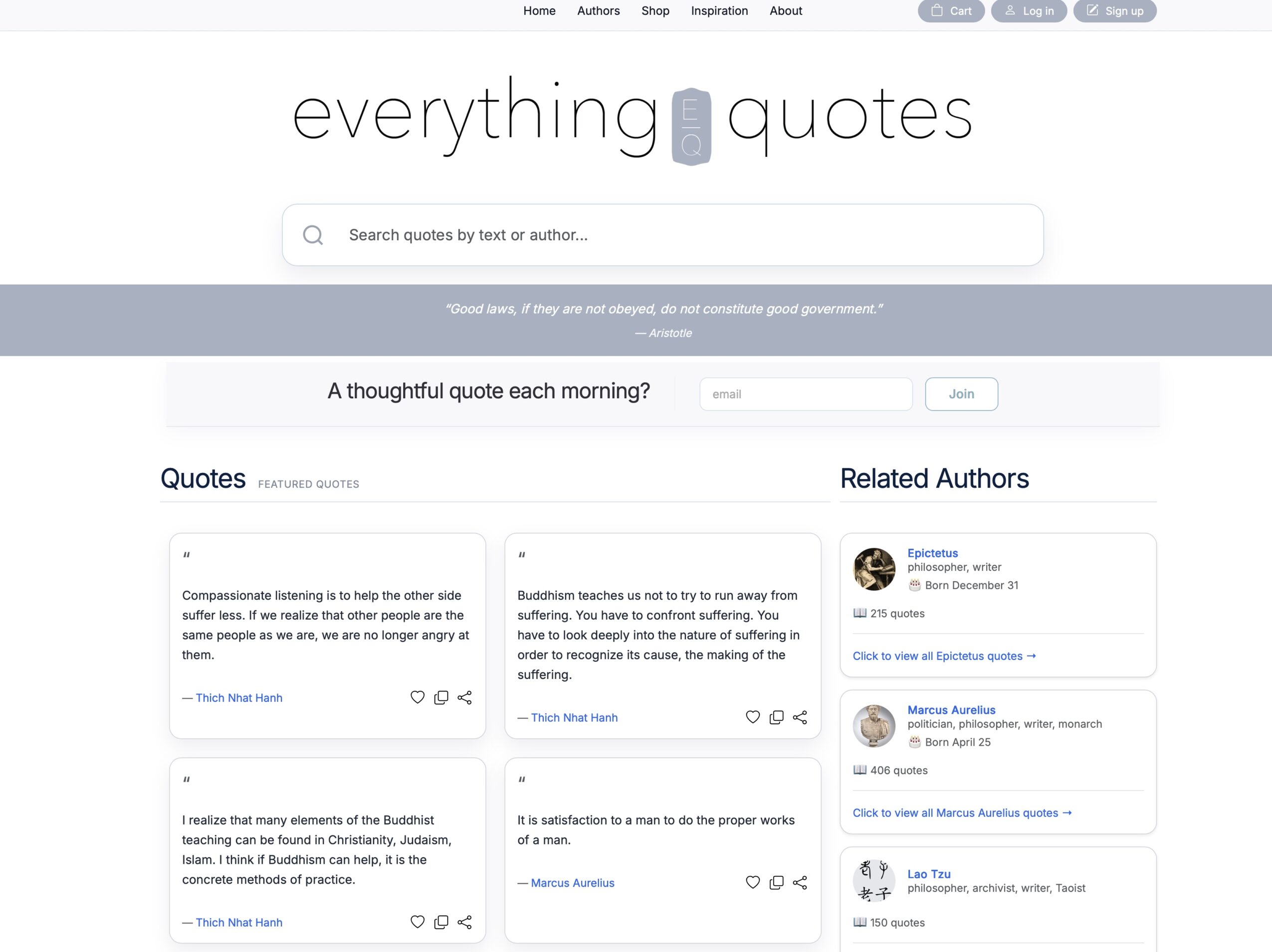 Screenshot of a website titled 'everything quotes' with a search bar and quote section, related authors on the right.