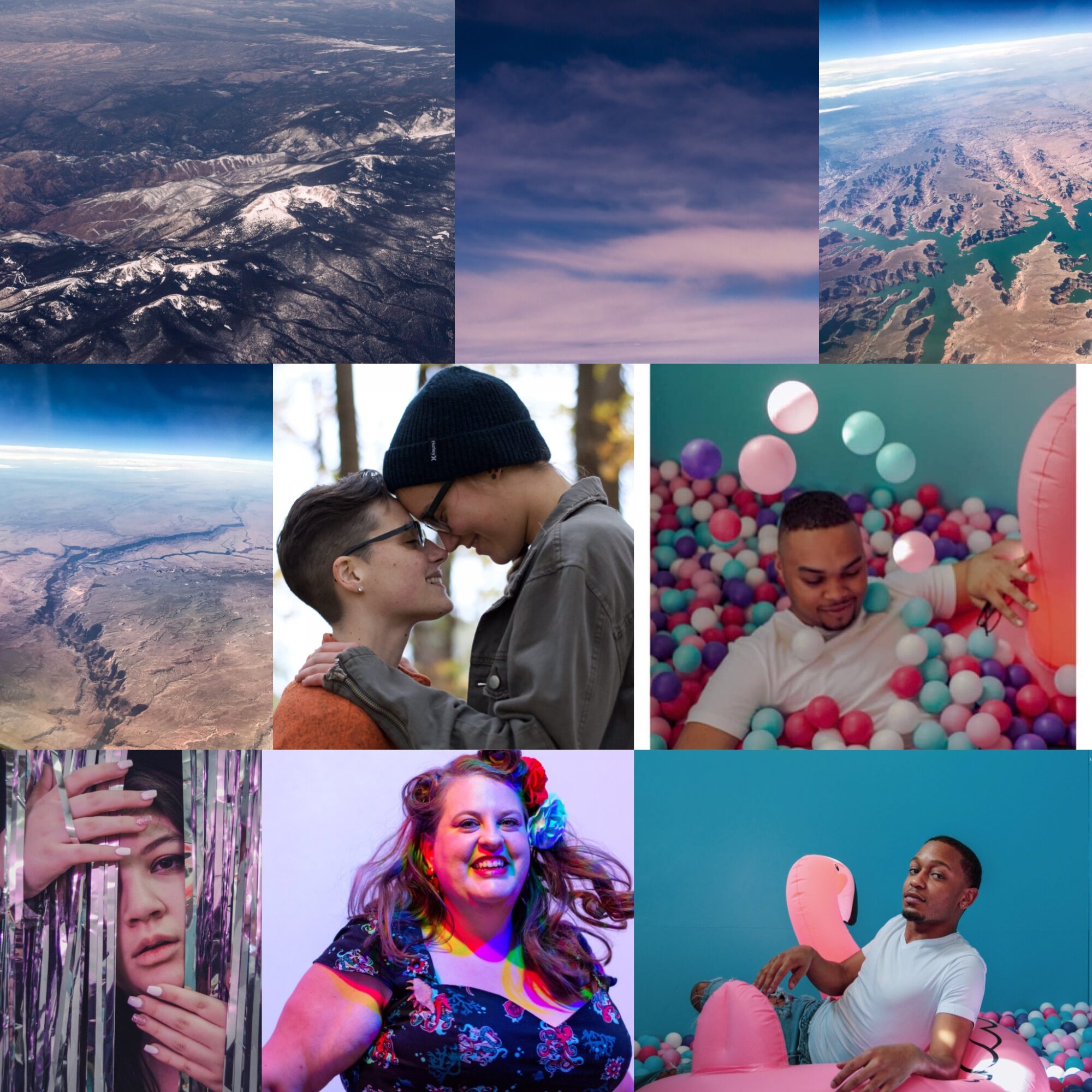 Collage of images including Earth from space, a person and child touching foreheads, children playing in a ball pit, and a woman smiling.
