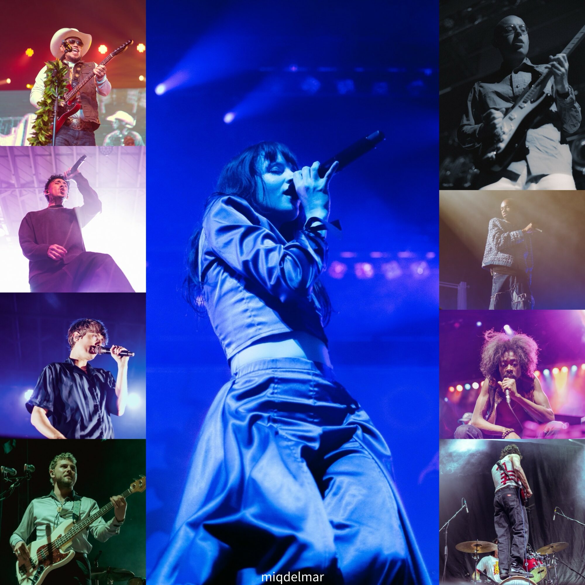 Group of performers on stage, some singing and playing instruments, with colorful lighting effects, in various poses.