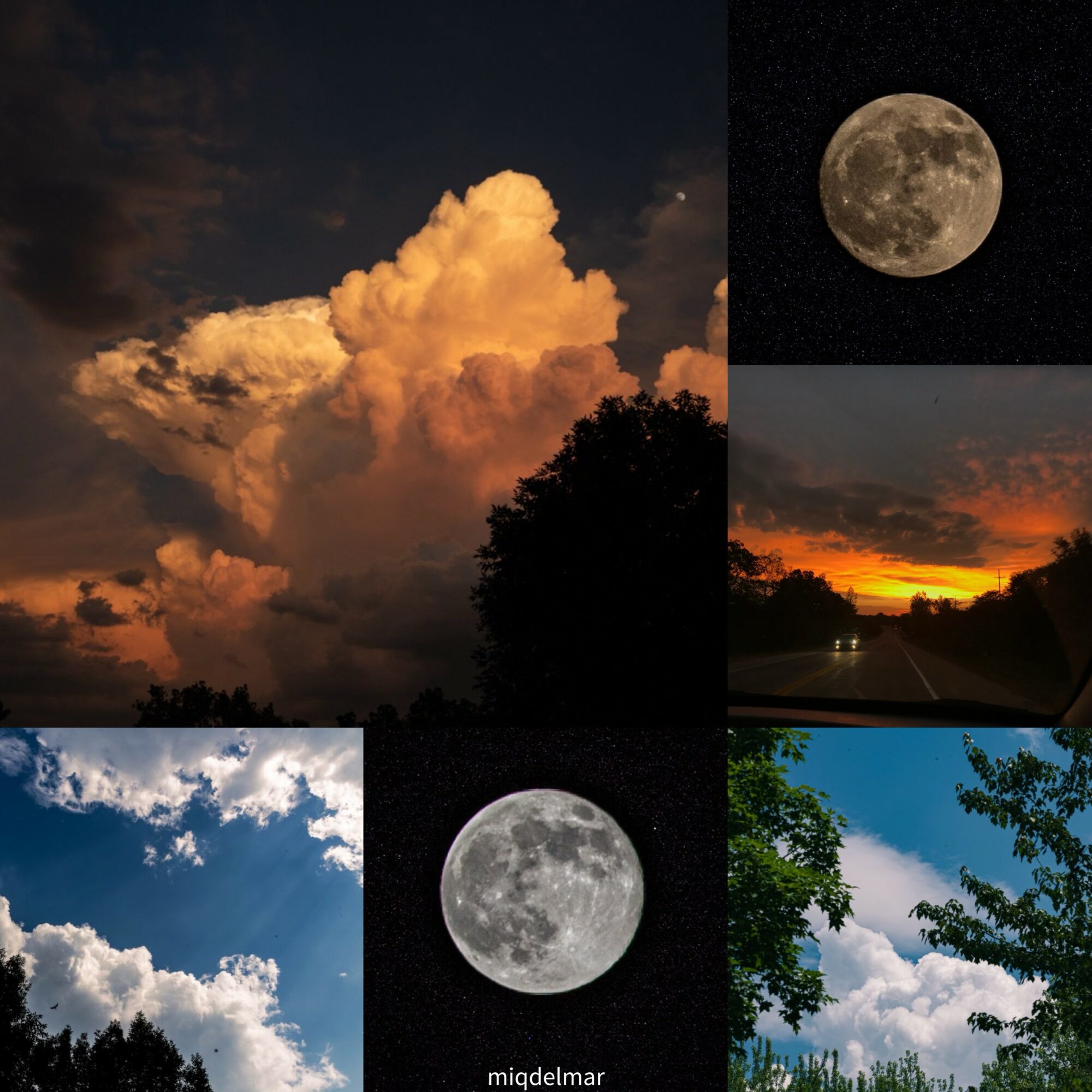 Four images of sky scenes: clouds at sunset, full moon, sunset over road, and moon with clouds.