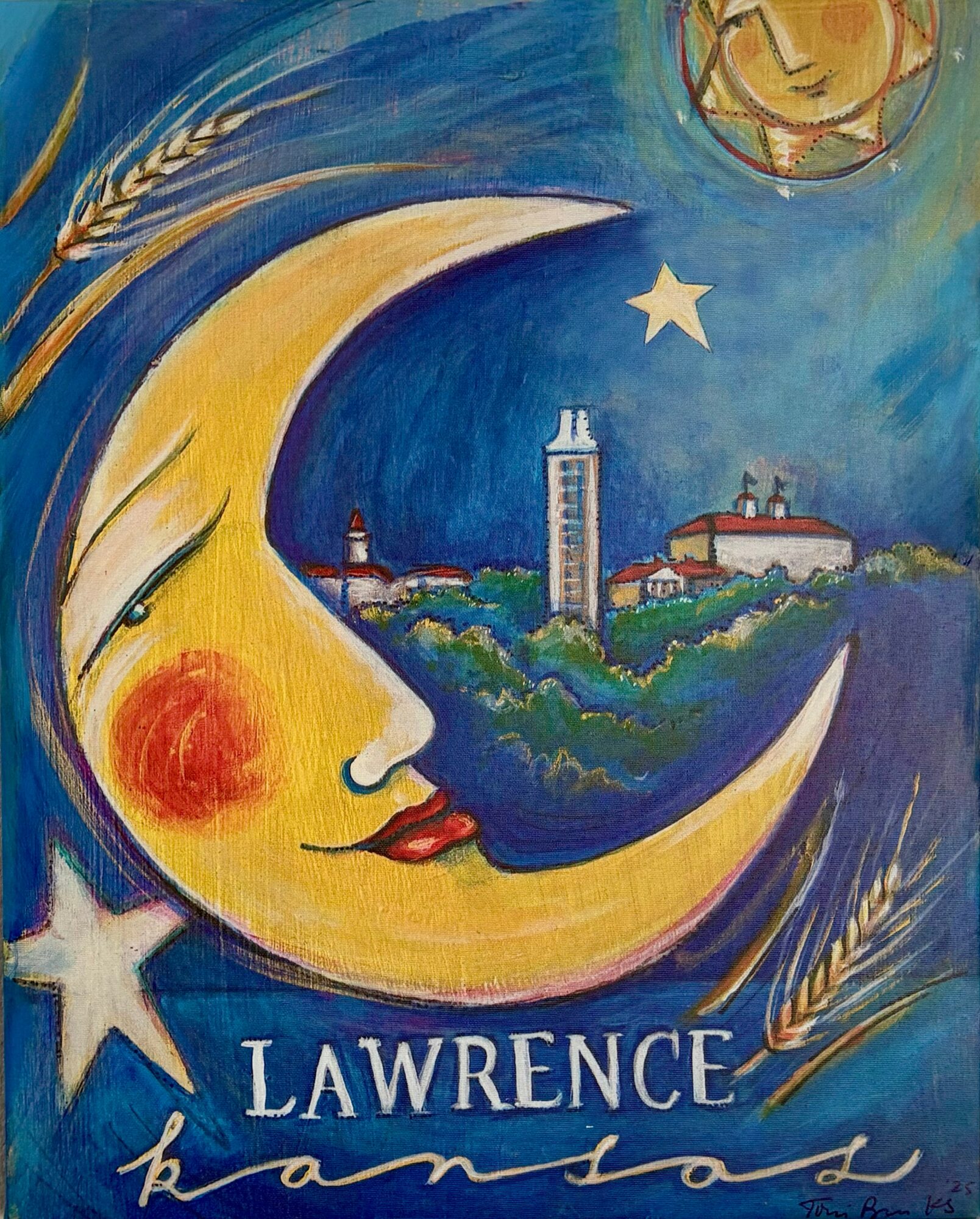 A colorful painting of a crescent moon with a face, a cityscape, stars, and a sun, with the text 'LAWRENCE kansas'.