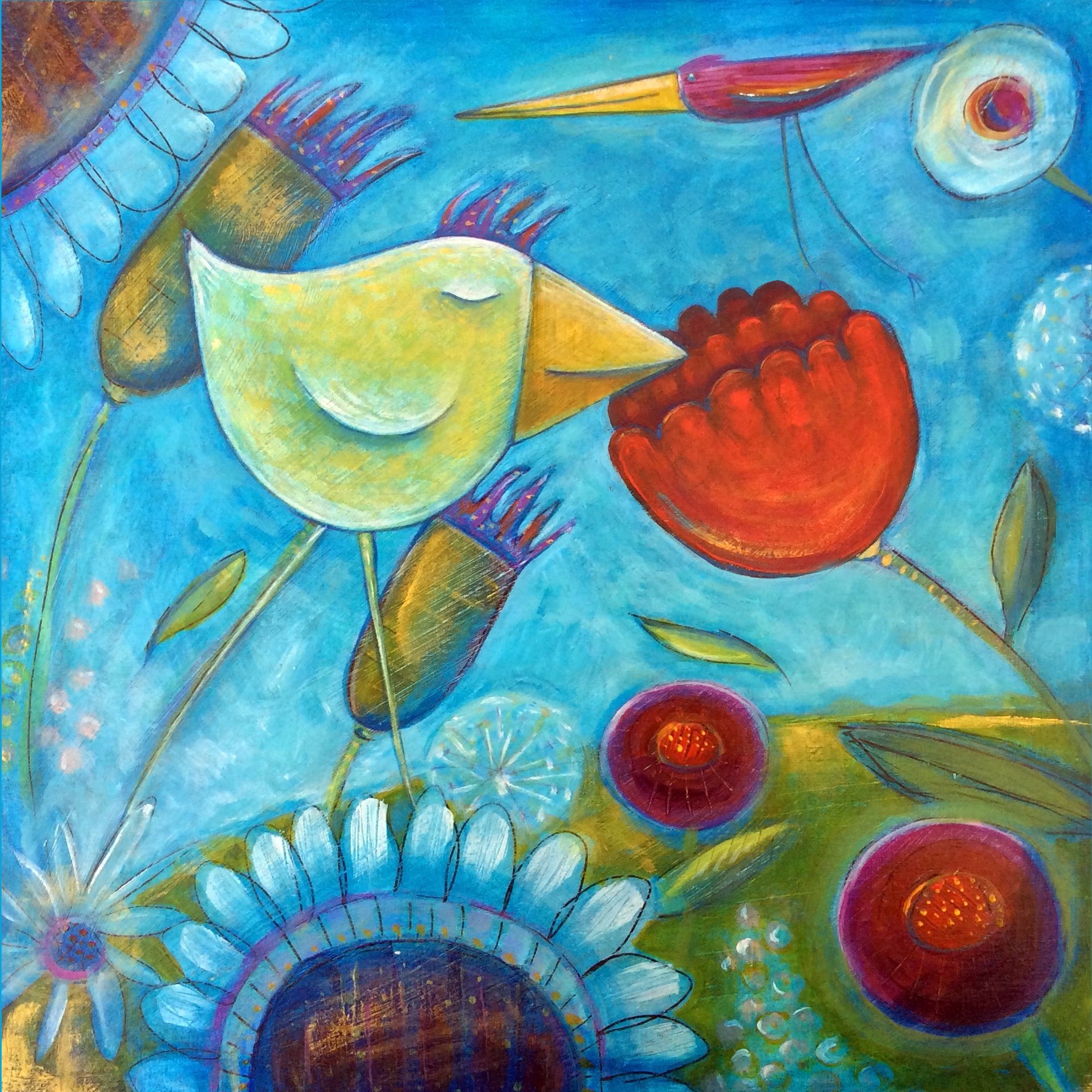 Colorful abstract painting with a bird, flowers, and a fish against a blue background.