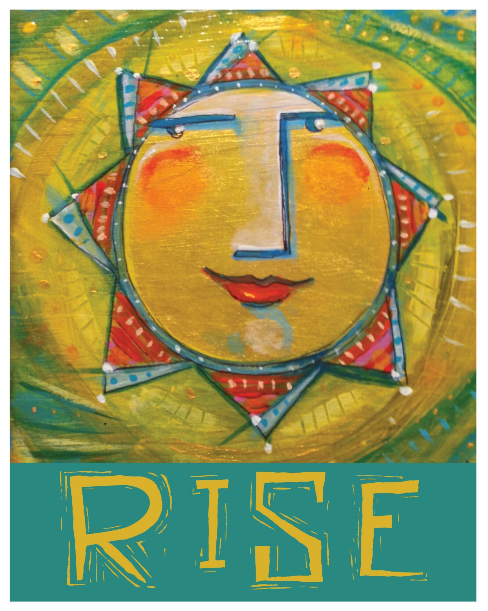 Sun with a smiling face, surrounded by a yellow background and the word 'RISE' below.